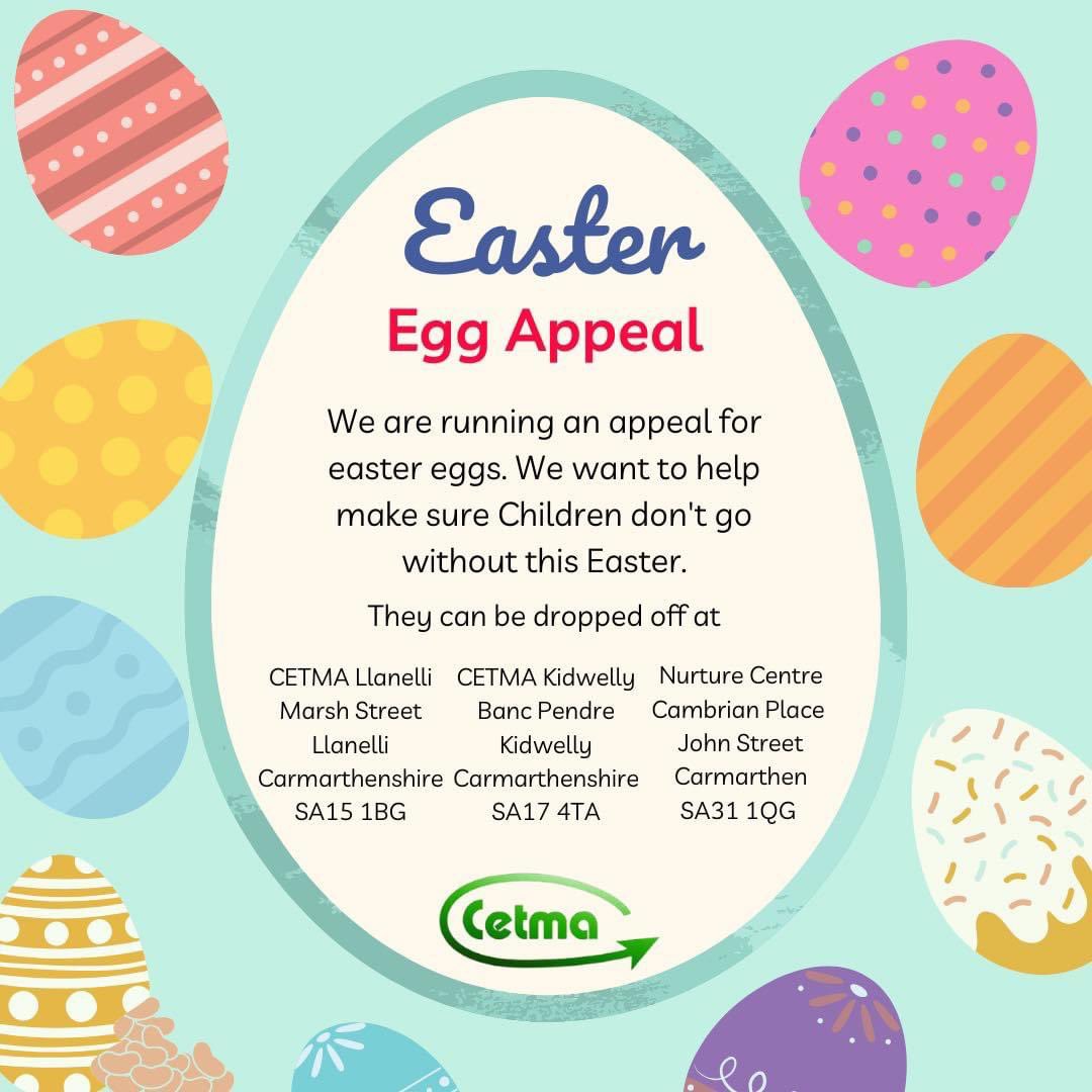 We are running an appeal for the donations of Easter Eggs, we want to make sure children aren’t going without. 

#pbpfoodbank #pbppovertysupport #cetma #cetmainthecommunity #cetmaynygymuned #carmarthenshirecountycouncil #TNLCFund #juliaandhansruasingtrust #communitymattersfund