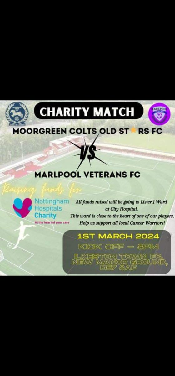 Just over a week to go for our Old Stars as they take on Marpool Vets at Ilkeston Town 8pm kick off.All in aid of rasing money for Lister 1 ward at City Hospital @NUHCharity, please come down to support both teams and help us raise some money for a great cause.