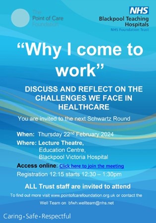 Join our first hybrid Schwartz Round tomorrow, starting 12:30pm promptly. The Round is taking place in person in the Lecture Theatre, Education Centre, BVH or via Teams by following the link: tinyurl.com/yh7mb4vz Hope to see you there! @BlackpoolHosp @CliftonHospital