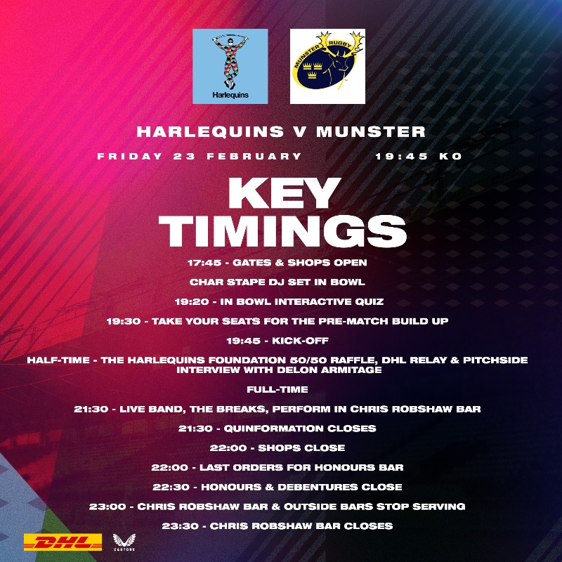 Harlequins's tweet photo. 🤩🔜 Back at The Stoop under the Friday Night Lights!

⏰ Key timings
🎧 @charstape takeover

#COYQ #HARvMUN