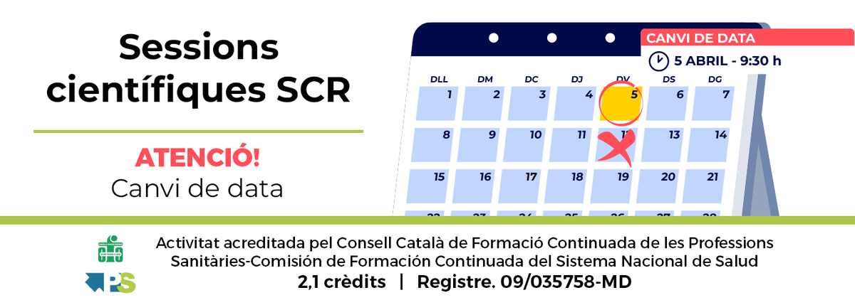 📣ATENCIÓ! Te n'has assabentat? 📅La sessió científica de l'@SCReuma que teníem prevista pel 12 d'abril canvia al 5 d'abril. ✍️🏻Reserva't la nova data, en breu publicarem el programa i el cas clínic a la web!