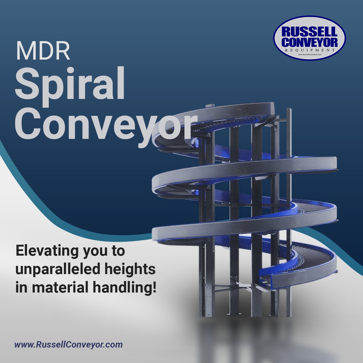 Transform your material handling game with Russell Conveyor's MDR Spiral Conveyors! Experience seamless and efficient vertical transportation of your goods. Learn more at bit.ly/3lUnCWM #RussellConveyor #MDRSpiralConveyors #InnovationInMotion