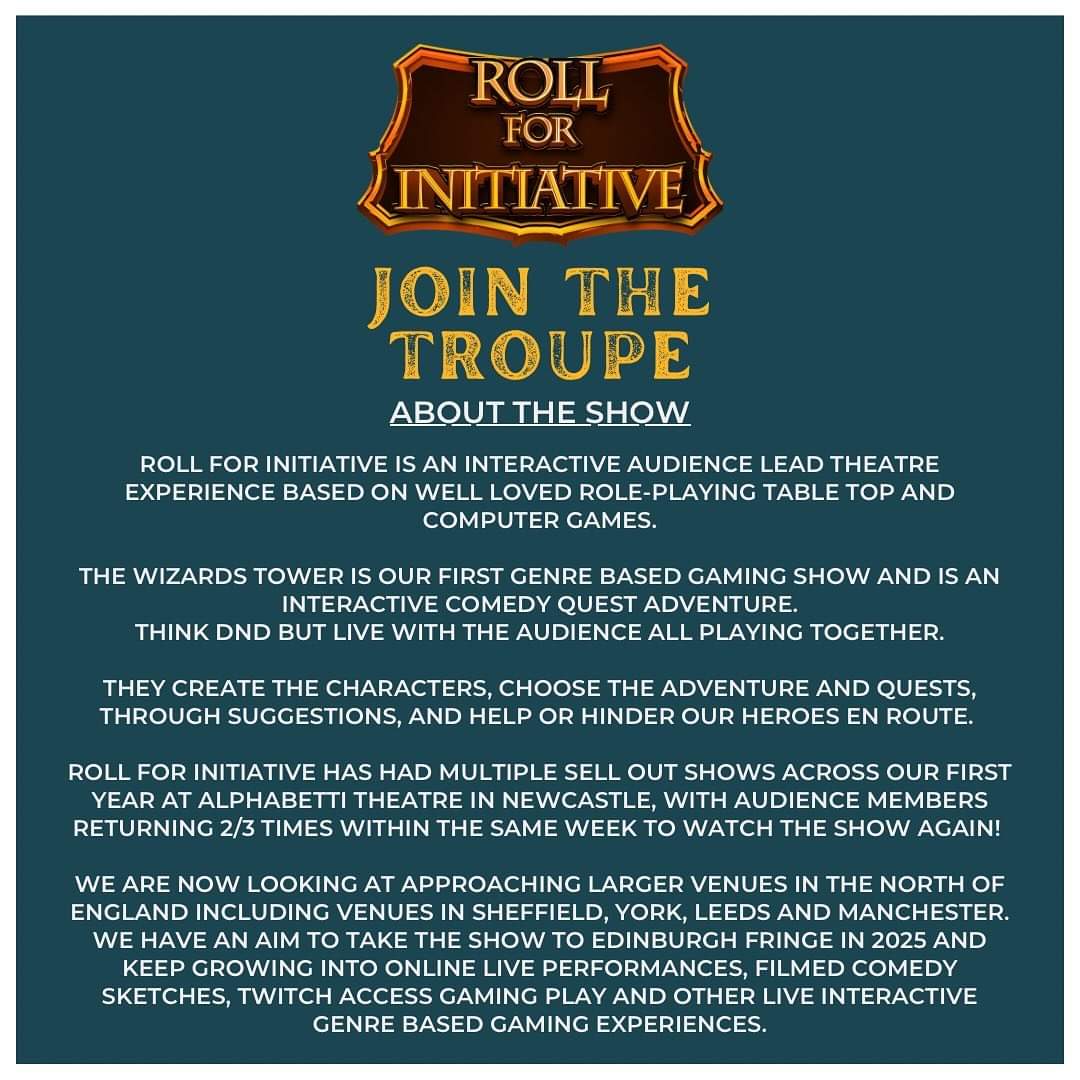 RollForShow's tweet photo. We're looking for a producer!
Are you a freelance producer interested in gaming and looking for an exciting, fun, audience led project?
Read more here and apply today!
#rollforinitiativeshow #producer #producercallout #theatre #theatreproducers #interactivetheatre https://t.co/ENgaKqXyED