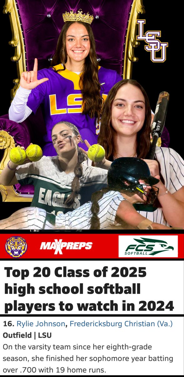 Thank you @MaxPreps for the honor. Excited to see what the 2024 high school season has in store for me and my @SoftballFcs teammates! #LetsGeaux #fly🦅@BethTorina @LSUsoftball @GO_VISAA @FLSVarsity @EaglesFCS @Unity18uJohnson