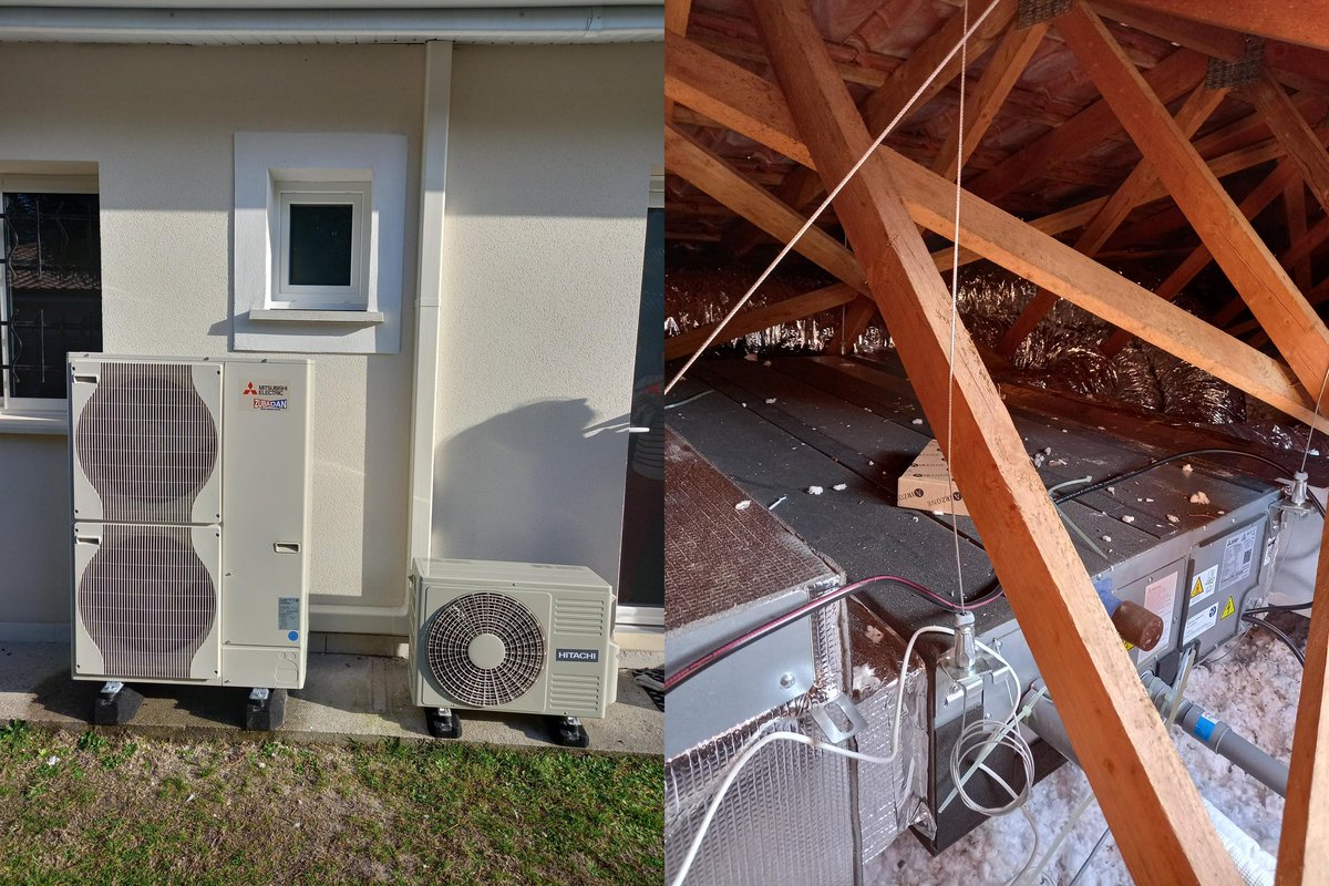 Solution_Ener's tweet photo. Rénovation d'une maison de 160m² avec une pompe à chaleur air-air Mitsubishi en gainable  et un ballon thermodynamique pour la production d'eau chaude sanitaire.
Terminé les radiateurs "grille-pain" et le cumulus électrique, bien trop énergivores. https://t.co/7K1PS8aBZx https://t.co/Qs7PIcmAB3
