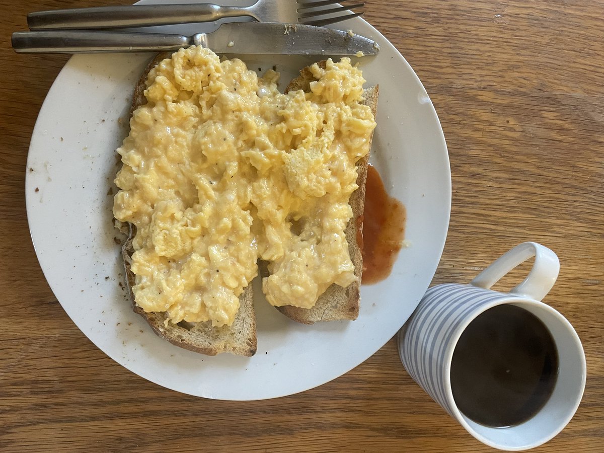 Fresh sourdough 
Slabs of grass-fed butter 
1/2 dozen eggs
Strong black coffee

What a way to start the day