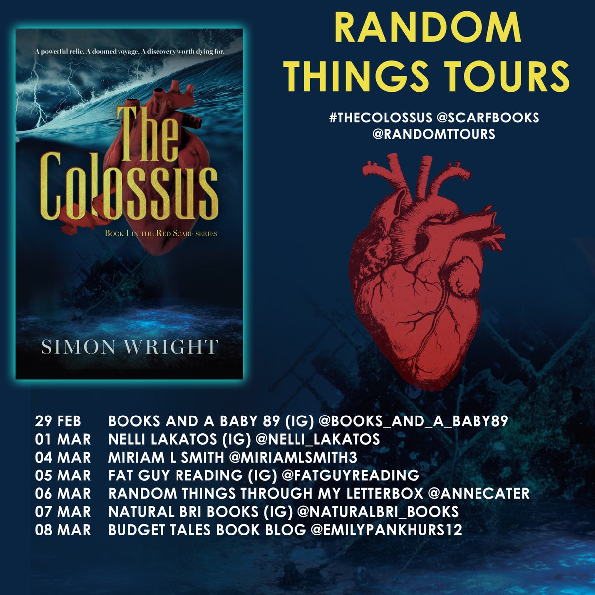 RandomTTours's tweet photo. Look out for this #RandomThingsTours Blog Tour for #TheColossus by #SimonWright @ScarfBooks
Begins 29 February https://t.co/tvhjuKYqhA