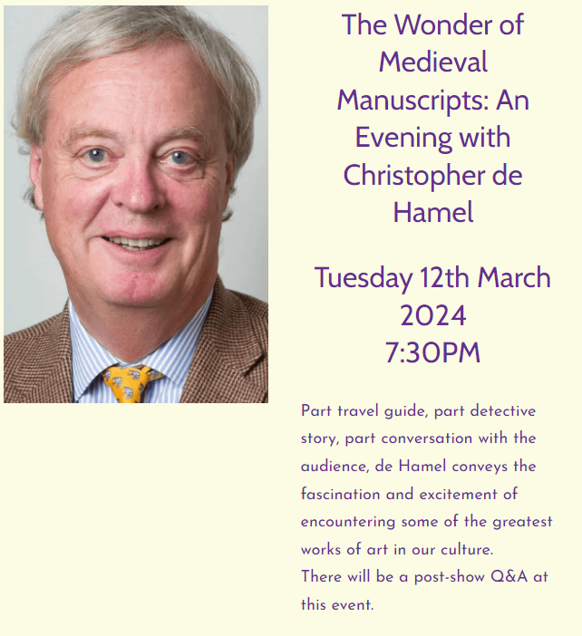 On 12 March we will be delighted to welcome Dr Christopher de Hamel to deliver the Headmaster's Lecture 'The Wonder of Medieval Manuscripts', in collaboration with @Macready_Rugby. Tickets for public (@TheRugbyTown) on sale + more information here: ticketsource.co.uk/whats-on/rugby…