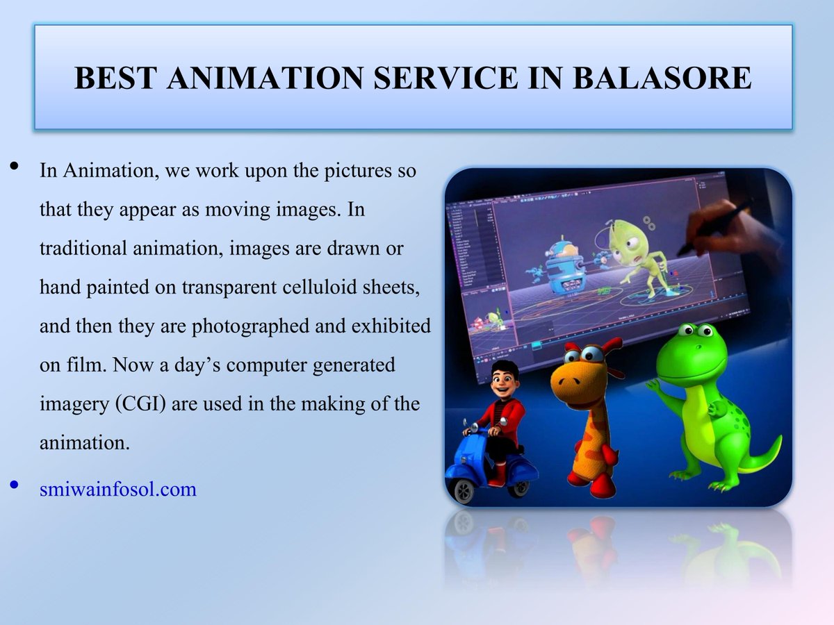 smiwa_infosol's tweet image. Top 10 Animation Service Provider in Balasore Odisha india
In Animation, we work upon the pictures so that they appear as moving images. In traditional animation, images are drawn or hand painted on transparent celluloid sheets.
#AnimationService #Web3 
smiwainfosol.com/animation.php