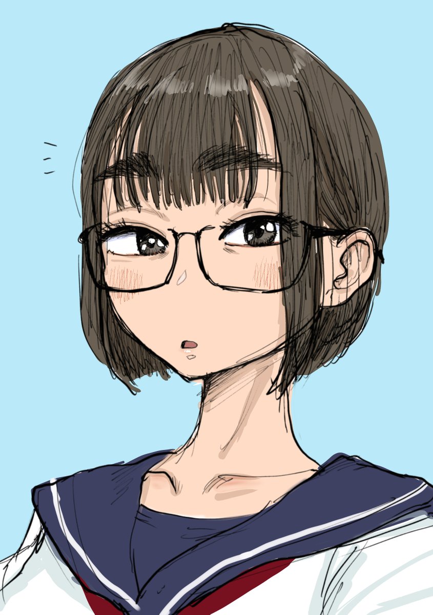 1girl solo glasses blush school uniform serafuku blue background  illustration images