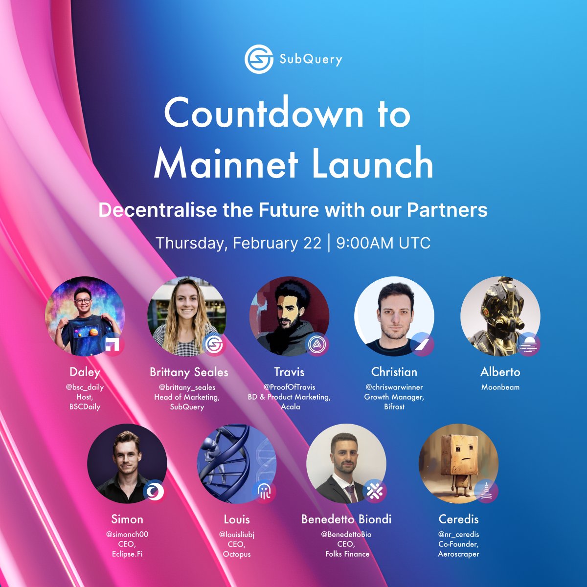 SubQueryNetwork's tweet photo. SubQuery's long-awaited mainnet launch is just around the corner, marking a pivotal moment as we migrate our network from Kepler 🚀

To celebrate this monumental leap, join us tomorrow for a special X Space event with some of our partners! 🎉 https://t.co/rw9pjPU3UI