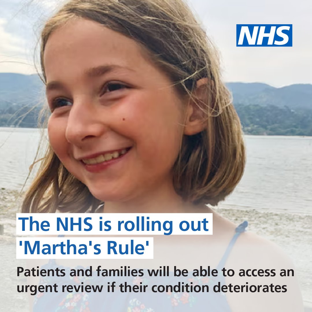 The NHS is rolling out a patient safety initiative called 'Martha's Rule' which enables patients and families to seek an urgent review if they are worried about their or a loved one’s condition. This will undoubtedly save lives in the future. england.nhs.uk/2024/02/nhs-to…