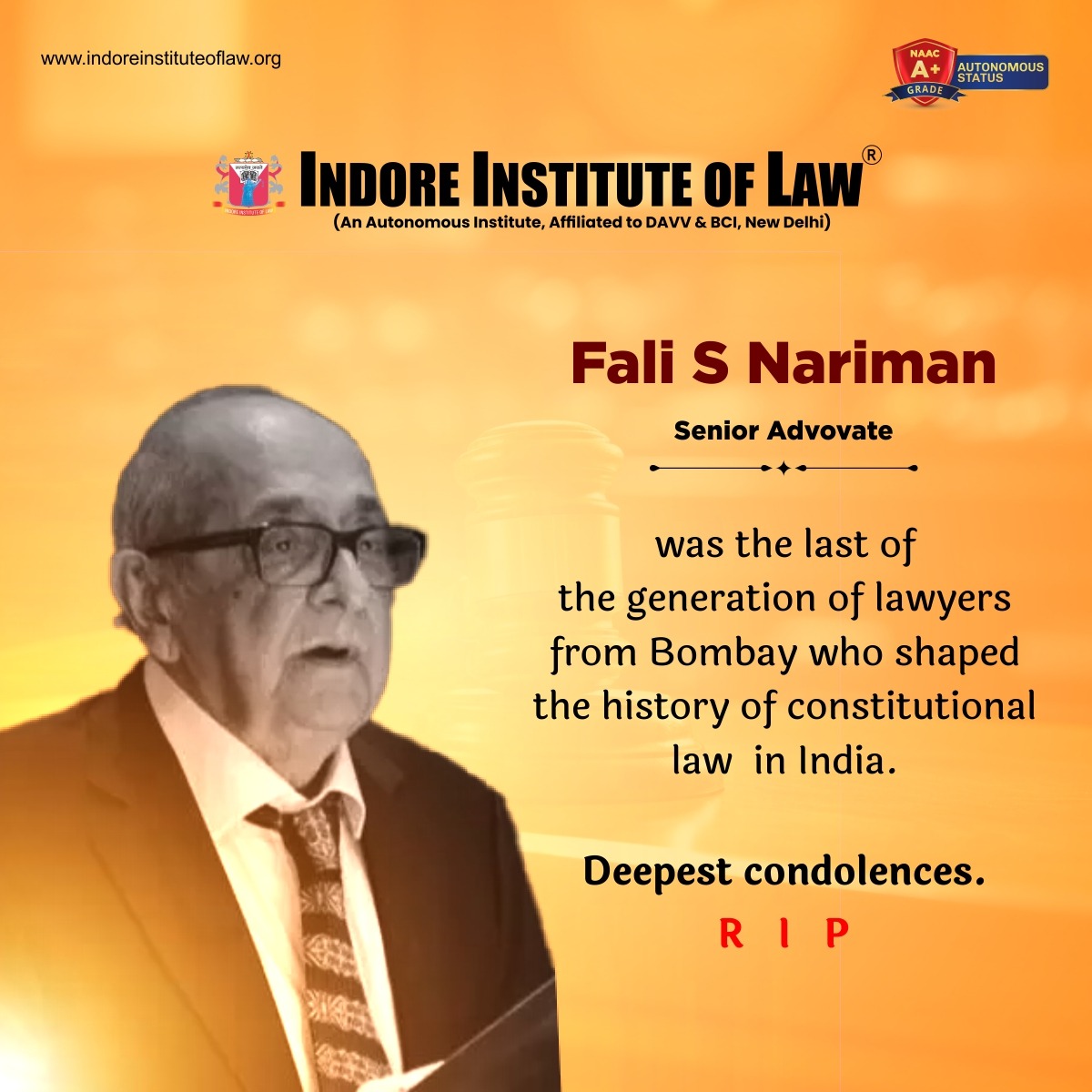 IIL_Indore's tweet photo. Remembering the towering legacy of the eminent jurist and senior advocate of the Supreme Court, Fali S. Nariman. His profound contributions to the legal realm will forever be etched in our hearts. Deepest condolences to his family and loved ones.
__
#FaliSNariman #SupremeCourt https://t.co/a1Vc9cYcJ2
