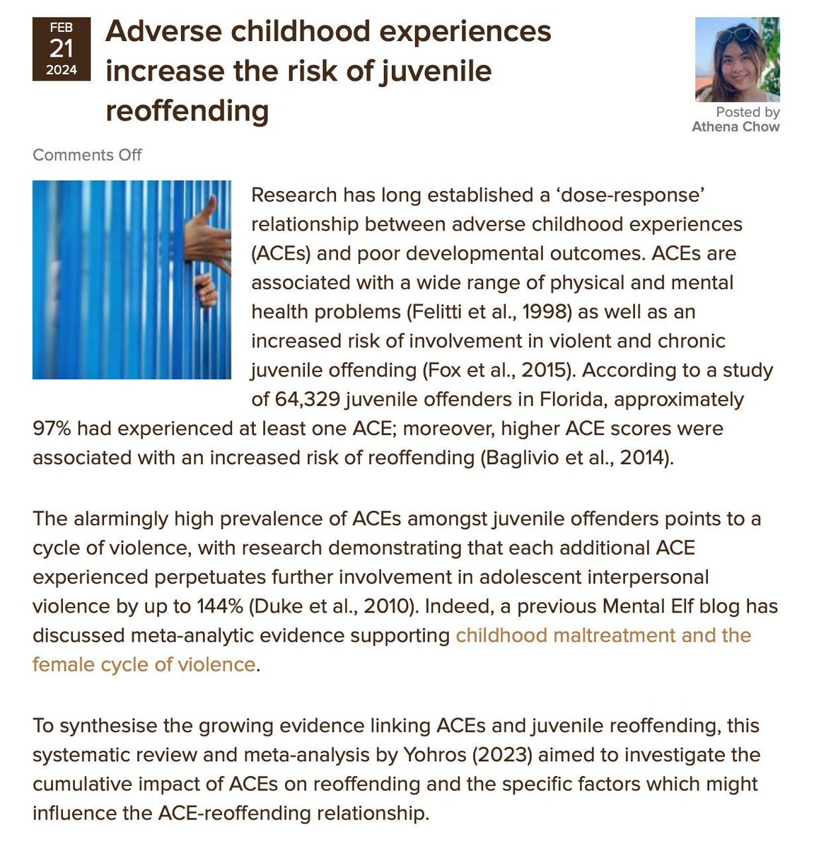 The Mental Elf (@mental_elf) on Twitter photo Today <a href="/AthenaRWChow/">Athena Chow</a> summarises a systematic review on the relationship between adverse childhood experiences and the risk of juvenile reoffending nationalelfservice.net/?p=186489 Today <a href="/AthenaRWChow/">Athena Chow</a> summarises a systematic review on the relationship between adverse childhood experiences and the risk of juvenile reoffending nationalelfservice.net/?p=186489