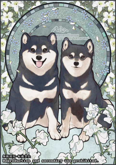 ご依頼黒柴ちゃんたちのメモリアルイラストを描かせていただきました。2匹の誕生花のジャスミン、スイートピー、勿忘草を添えて...#柴犬 