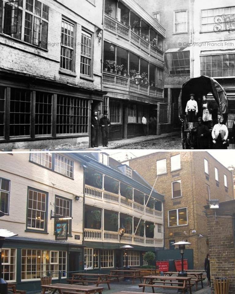 The George Inn, rebuilt in 1677, is London's only surviving galleried inn.
