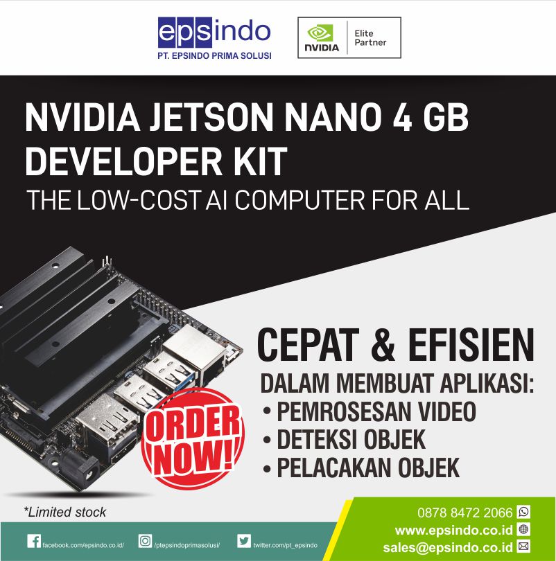 pt_epsindo's tweet photo. *NVIDIA Jetson Nano 4GB Developer Kit*

Adalah platform komputasi edge AI (Kecerdasan buatan) yang dirancang untuk pengembangan dan implementasi aplikasi kecerdasan buatan pada perangkat edge (misalnya robot, drone, kamera pintar, dan lain sebagainya). https://t.co/PSzmxqZhtZ