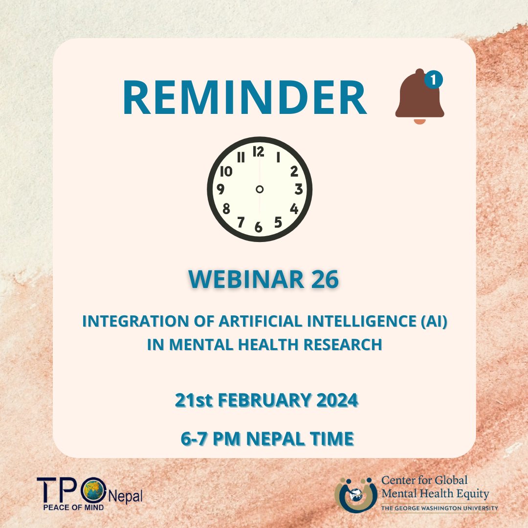 REMINDER! 

5 hours to go for our 26th #webinar! 

“Integration of Artificial Intelligence ( AI ) in Mental Health Research” by Dr. Alastair Van Heerden.

Register here: docs.google.com/forms/d/e/1FAI…