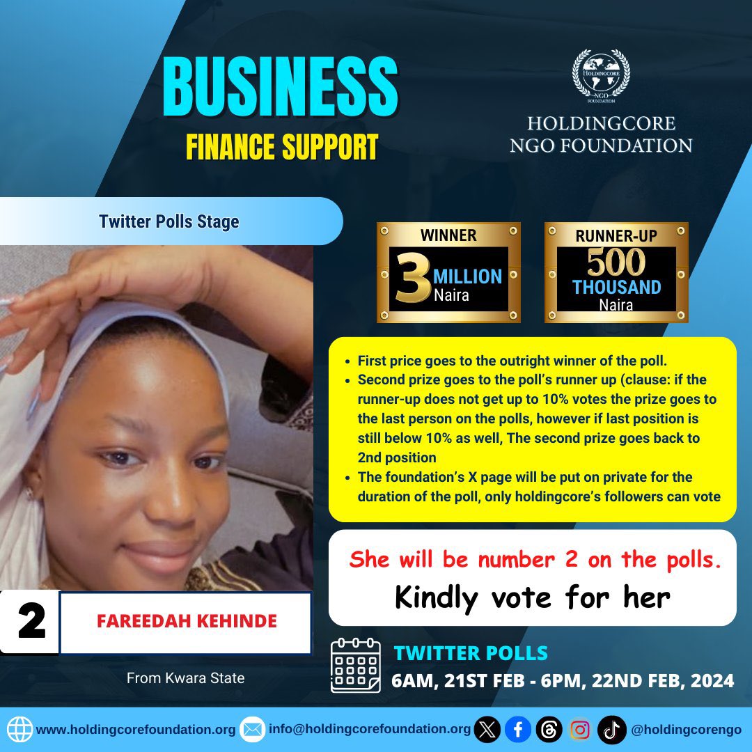 Reedahsliving's tweet photo. Good morning lovelies🥰🎉

Please follow @Holdingcorengo so you'll be able to vote for Me (Fareedah Kehinde) in the ongoing BFS competition on their page as only followers will be eligible to vote this Tomorrow!

I’m number 2 on the poll. 
Thank you🙏 https://t.co/jCqYWFVkHQ