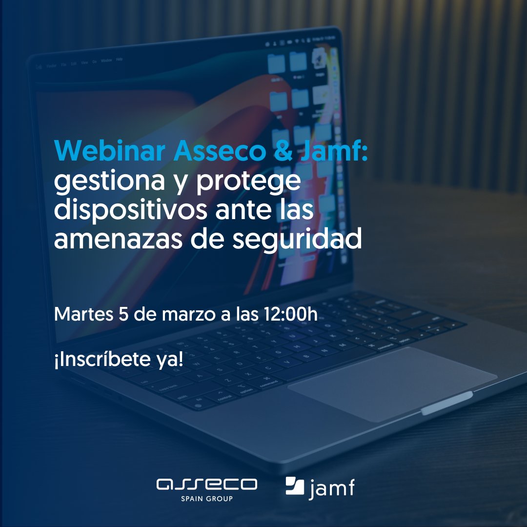 Asseco Spain Group (@assecoesp) on Twitter photo 🔵Desde <a href="/assecoESP/">Asseco Spain Group</a> y <a href="/JamfSoftware/">Jamf</a>, te invitamos a nuestro💻 #webinar: "Asseco & Jamf: gestiona y protege dispositivos ante las amenazas de seguridad" el próximo 5 de marzo a las 12:00h. Regístrate ahora en este enlace y reserva tu plaza. ¡Te esperamos!
marketingasseco.typeform.com/to/fMlQHubh 🔵Desde <a href="/assecoESP/">Asseco Spain Group</a> y <a href="/JamfSoftware/">Jamf</a>, te invitamos a nuestro💻 #webinar: "Asseco & Jamf: gestiona y protege dispositivos ante las amenazas de seguridad" el próximo 5 de marzo a las 12:00h. Regístrate ahora en este enlace y reserva tu plaza. ¡Te esperamos!
marketingasseco.typeform.com/to/fMlQHubh