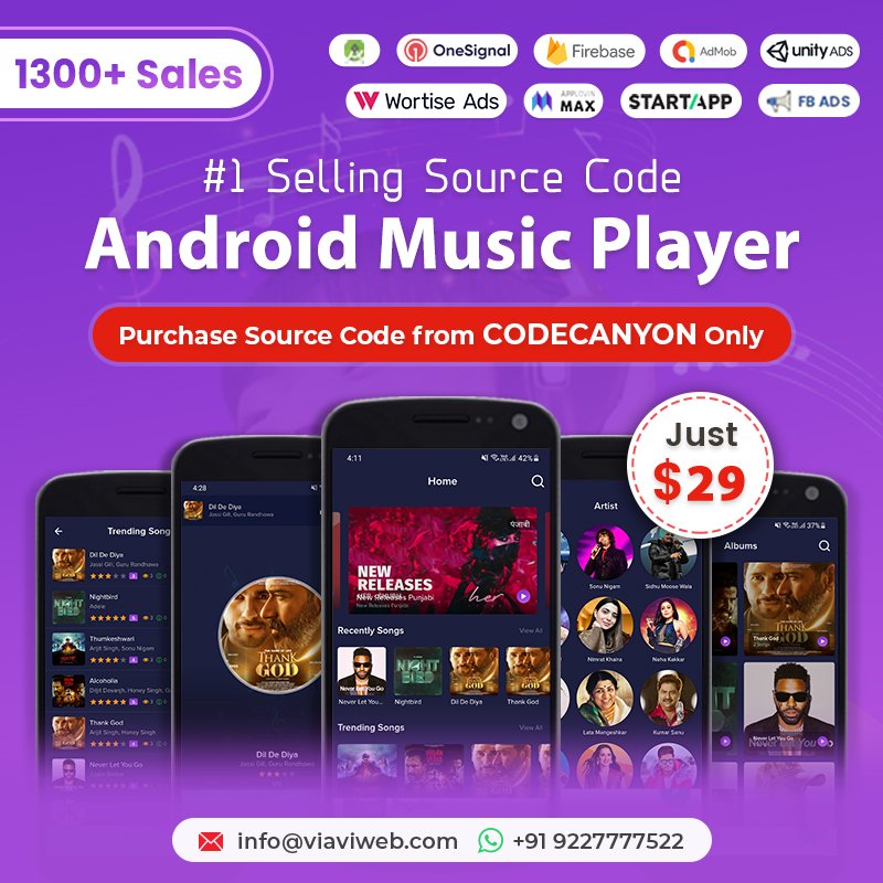 Latest Updates Available for Android Music Player - Online MP3 (Songs) App on Codecanyon.

1.envato.market/n3PZM

We are open for new projects too, WhatsApp: +919227777522

#Viaviweb #Viaviwebtech #Viavi #Codecanyon #Envato #EnvatoMarket #AndroidMusicApp #MusicApp #OnlineMP3App