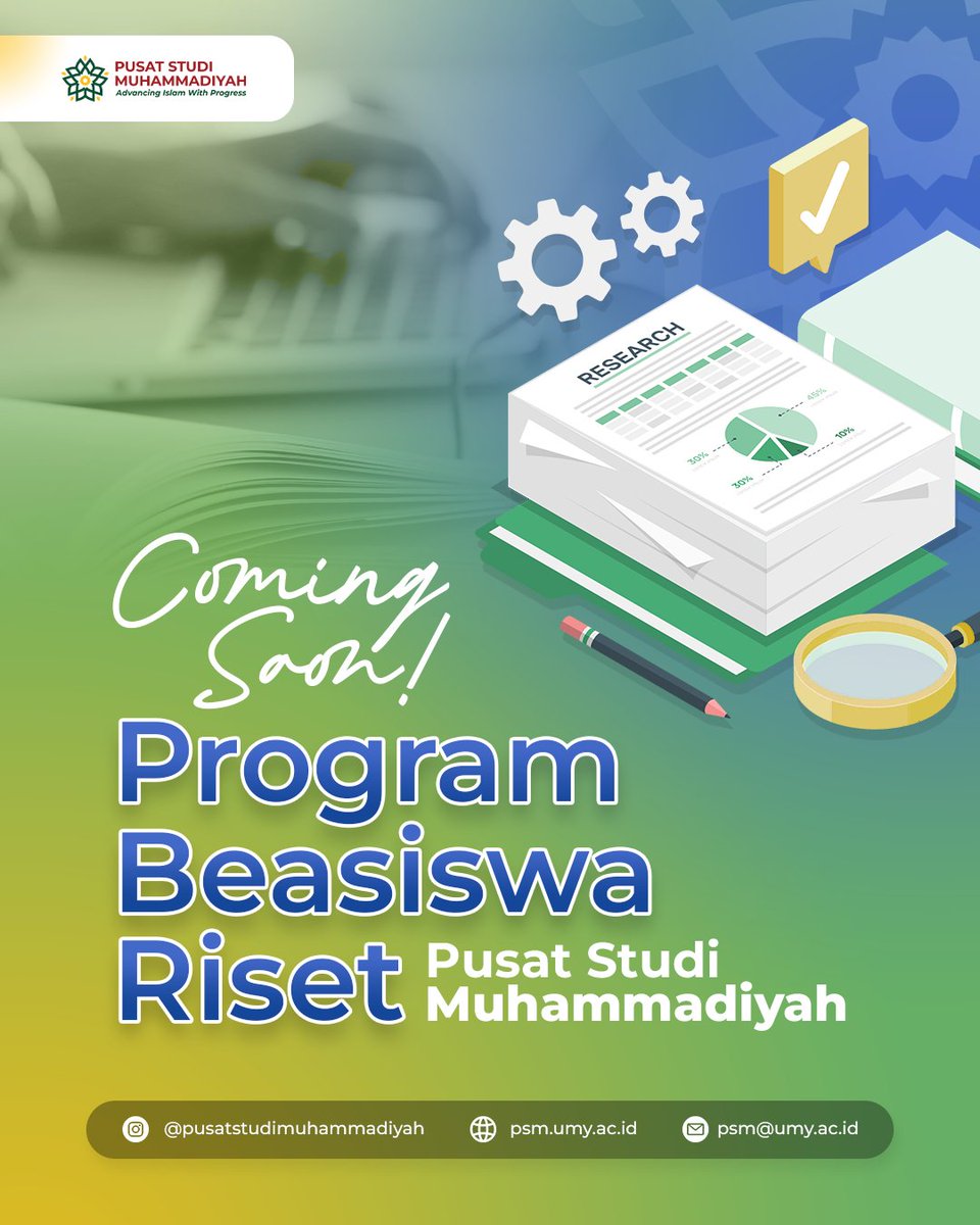 Pusat Studi Muhammadiyah memberikan kesempatan kepada mahasiswa/i (S1/S2) tingkat akhir untuk mendapatkan beasiswa tugas akhir.
Siapkan proposal terbaikmu untuk mendapatkan dana hibah dari Pusat Studi Muhammadiyah!

Stay tuned!
#muhammadiyah #pusatstudimuhammadiyah #beasiswa