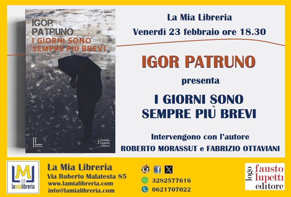 Ven 23-02-24 ore 18.30 
Igor Patruno presenta 
"I giorni sono sempre più brevi" con Roberto Morassut e Fabrizio Ottaviani 

Lo scrittore Alberto Modei è un flâneur, un osservatore randagio che si muove in una Roma surreale e apocalittica, dove piove continuamente…