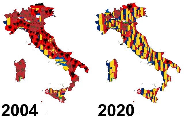 theepicmap's tweet photo. Largest minority group by province in Italy: 2004 vs 2020.

From Albanian predominance to a Romanian one. https://t.co/78hkwBpRji
