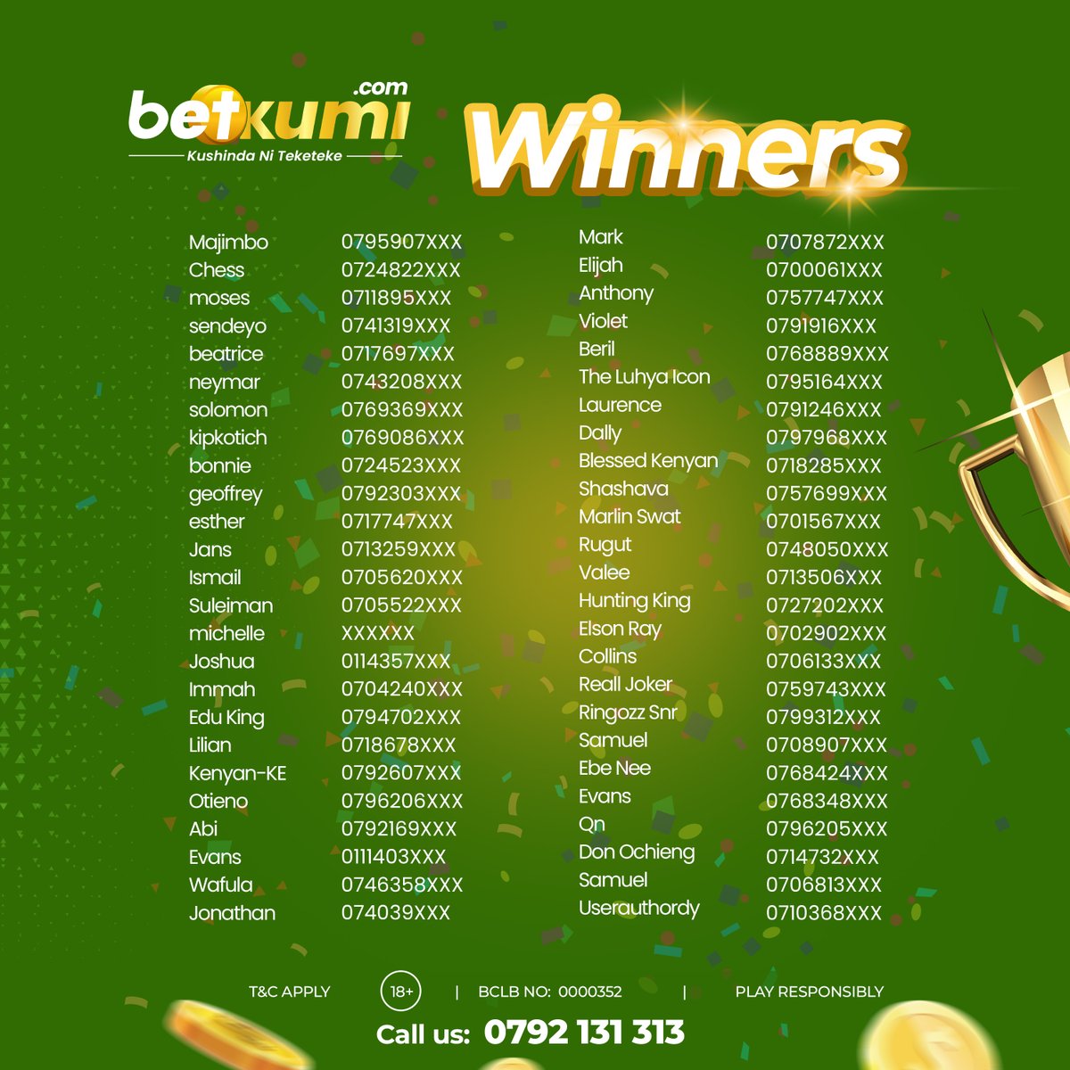 🎉 Announcing our Winners for the Free Bet! 🏆 Share screenshot of your favourite game and unaweza kuwa the lucky player tunareward 🎁 bonus ingine ya kuskuma wiki 💰 Deposit, Play & Win: betkumi.com #ChachishaBet 🚀
