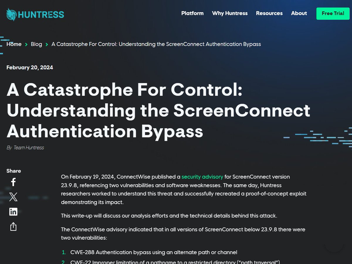 Well, now that other firms have publicly shared the proof-of-concept, and in-the-wild exploitation is already happening... we feel we aren't adding any risk and are comfortable sharing our analysis. @HuntressLabs writeup on #ScreenConnect vulnerabilities: huntress.com/blog/a-catastr…