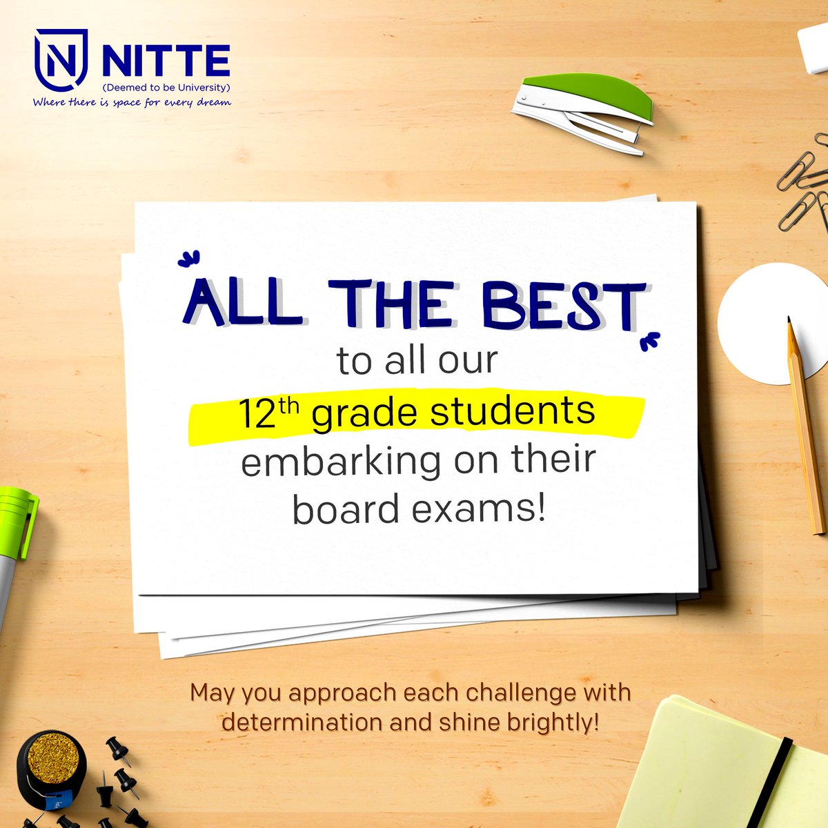 Dear 12th-grade students,

Nitte University wishes you all the best for your upcoming board exams!

#NitteUniversity #allthebest #12thexam #boardexam #examtime #exampreparation #examishere #12thstudents #bestofluck #12thboards #boardexam2024 #12thexam2024 #examdays #giveyourbest
