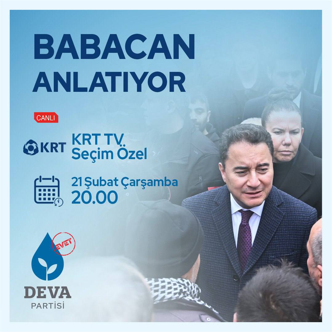 DEVA Partisi (@devapartisi) on Twitter photo Genel Başkanımız Ali Babacan bugün, saat 20.00’de KRT TV’de Remziye Demirkol ile "Seçim Özel" programında gazeteciler Gürkan Zengin ile Yıldız Yazıcıoğlu’nun sorularını yanıtlayacak.
<a href="/KRTCANLI/">KRT TV</a> <a href="/r_demirkol/">RemziyeDemirkol</a> <a href="/Zengingurkan/">Gürkan Zengin</a> <a href="/journalofyy/">Yıldız Yazıcıoğlu</a> Genel Başkanımız Ali Babacan bugün, saat 20.00’de KRT TV’de Remziye Demirkol ile "Seçim Özel" programında gazeteciler Gürkan Zengin ile Yıldız Yazıcıoğlu’nun sorularını yanıtlayacak.
<a href="/KRTCANLI/">KRT TV</a> <a href="/r_demirkol/">RemziyeDemirkol</a> <a href="/Zengingurkan/">Gürkan Zengin</a> <a href="/journalofyy/">Yıldız Yazıcıoğlu</a>
