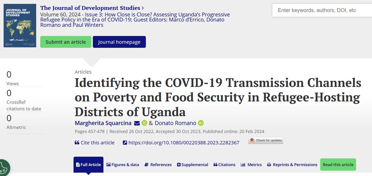 📢Paper alert! 
Our paper on COVID-19 and food security among refugees in Uganda is now available on @JDevStudies!🎉

Check it out here: tandfonline.com/doi/full/10.10…