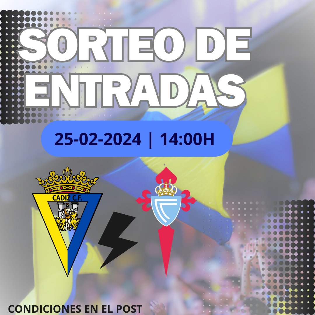 ‼ Gana entradas de tribuna para el #CadizCF #RCCelta #LaLigaEASports
🔔 Para participar:
🔹 Sigue <a href="/OndaCadizTV/">Onda Cádiz</a>
🔹 RT esta publicación
📣 Anunciaremos los ganadores (3 entradas uno, y 2 entradas otro) en el Submarino Amarillo del próximo viernes 23.