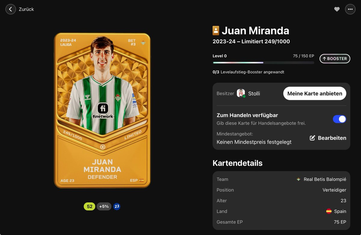 SportStolli's tweet photo. #sorare #nft
Hier noch mein Tier 3 #reward für #cap270 am Wochenende.
Juan #Miranda U23 Verteidiger 👍 https://t.co/AQZfQqwtUI