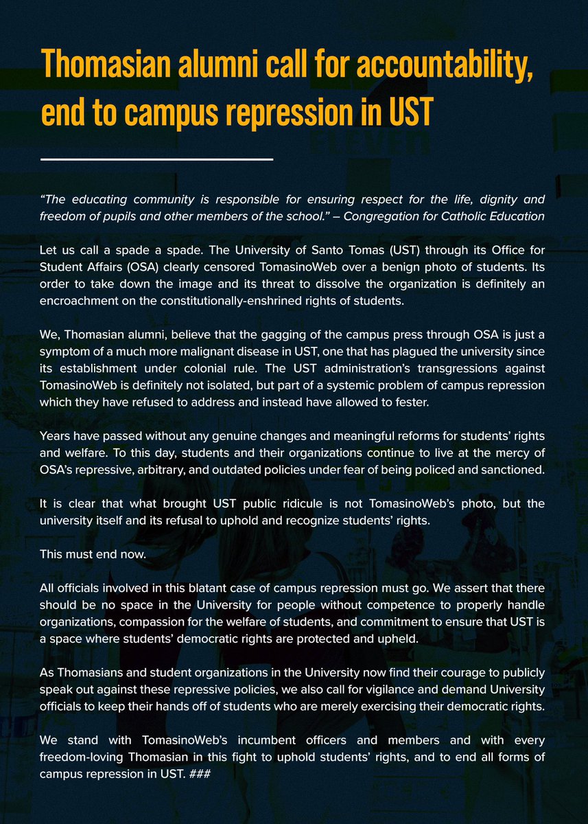 Joining hundreds of Thomasian alumni in this statement calling on UST to uphold students’ rights and to end campus repression in light of the censorship of TomasinoWeb.

See the full list of signatories and sign here: standwithtomasinoweb.com

#DefendPressFreedom
#HoldTheLineTW