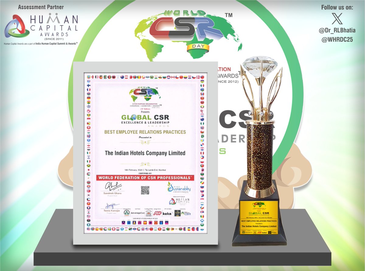 Congratulations to @TajHotels (IHCL) for winning awards in two prestigious categories, 'BEST CSR PRACTICES' and 'BEST EMPLOYEE RELATION PRACTICES' at the Global CSR Excellence & Leadership Awards. 
#ihcl #indianhospitality #taj #csr #csrinitiatives #csrindia #csrleadership