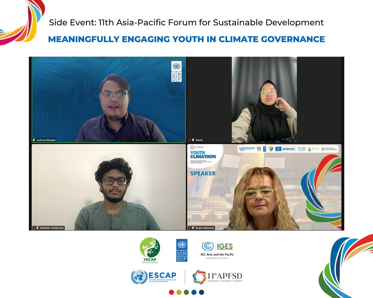 ✅ That’s a wrap for the virtual Side Event during 11th #APFSD on Meaningfully Engaging Youth in #ClimateGovernance co-organized by YECAP, @UNDPasiapac , @UNESCAP and RCC Asia-Pacific. 80+ participants joined from various countries across the region. - a thread 👇