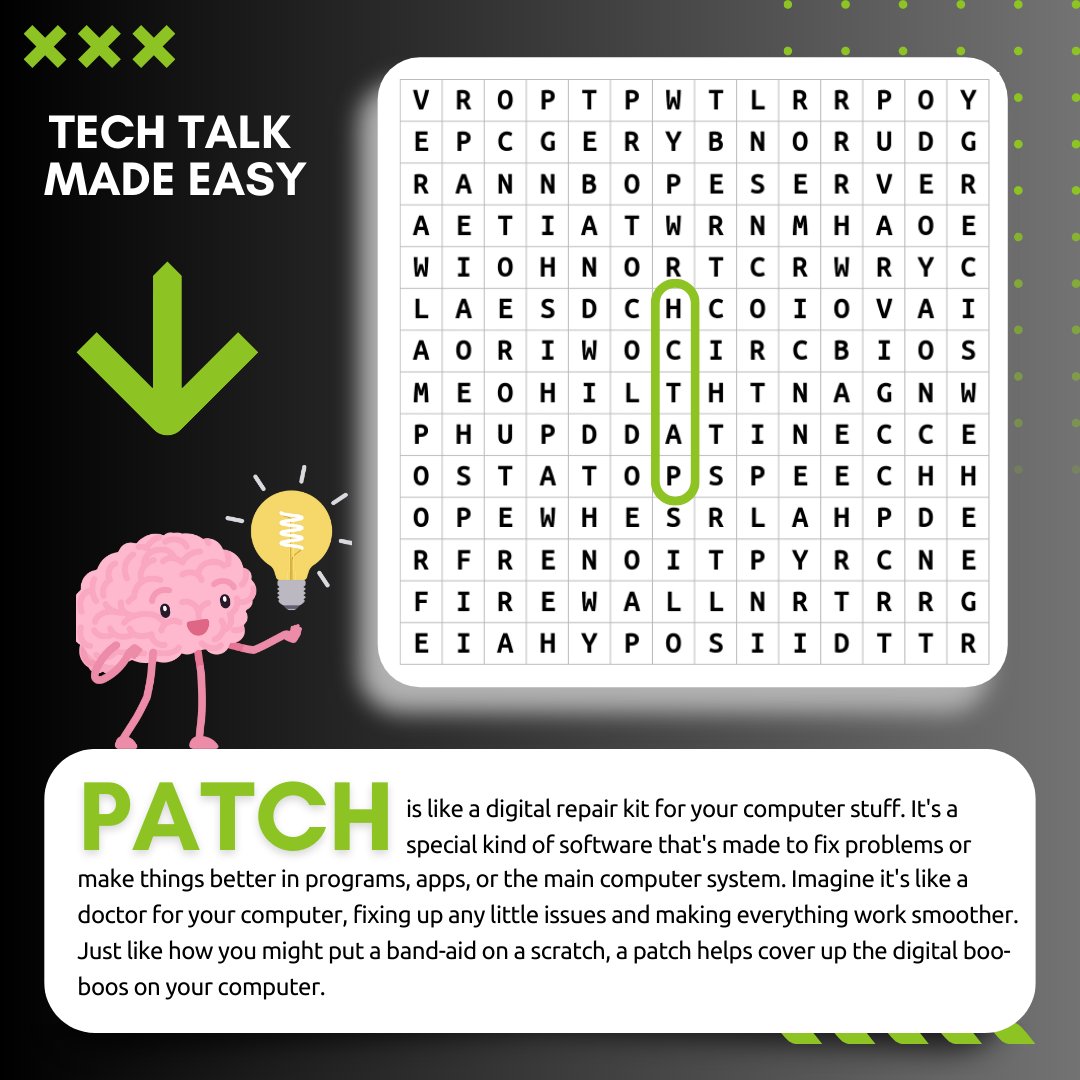 Welcome back to our 'Tech Talk Made Easy' journey, where we're cracking  12 complex tech terms for your benefit. 🚀

#TechTalkMadeEasy #patches #Cybersecurity #TechDemystified #it #techwords #firewall #supporttree #techjargon #itwords #itterms #msp #learning