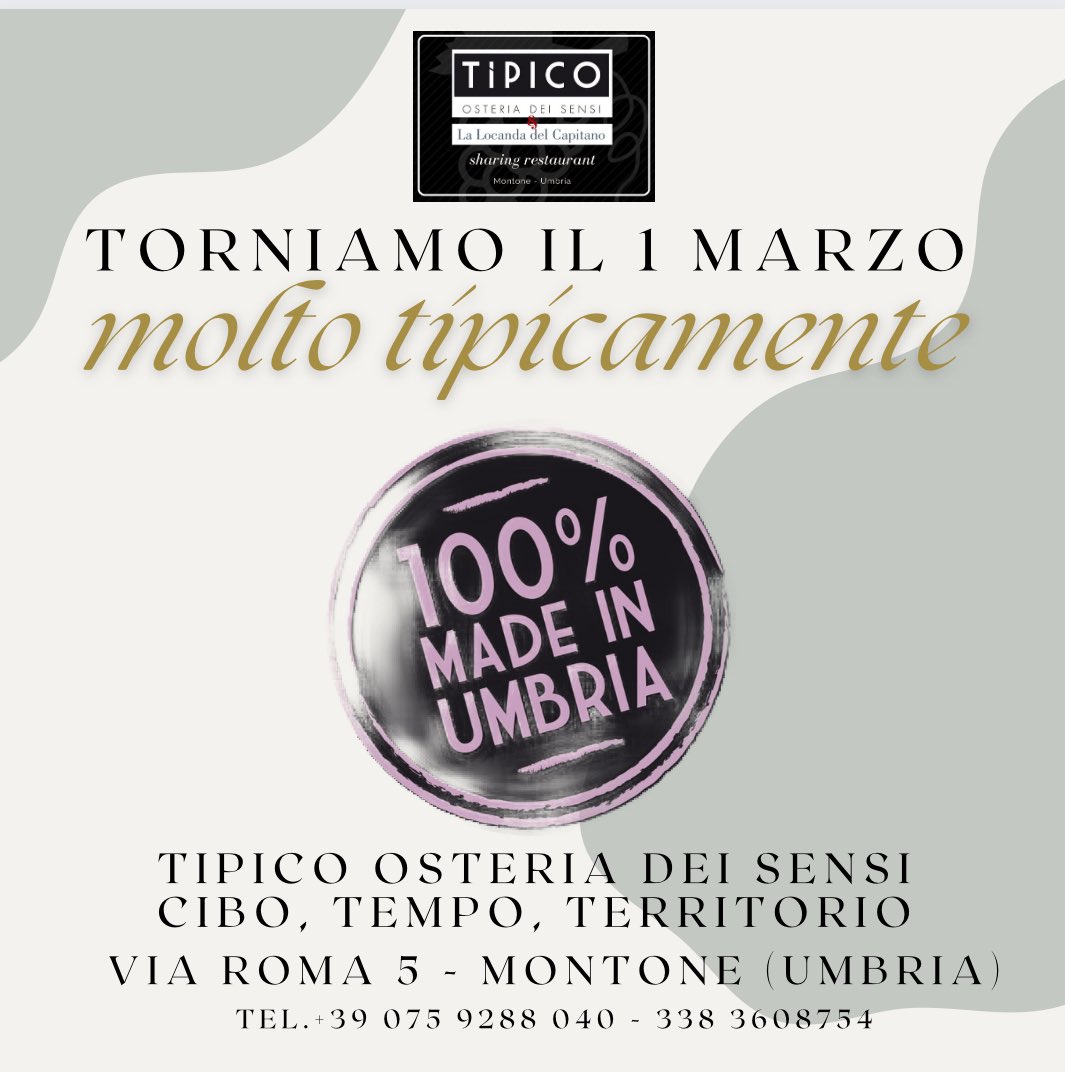 Molte novità bollono nel pentolone di <a href="/TipicoOsteria/">Tipico Osteria & Locanda del Capitano</a>. Venitele a scoprire tutte dal primo marzo, nostro giorno di riapertura dopo le ferie. 
#staytuned #umbrianelcuore #montone
100% #madeinumbria #slowfood #slowliving