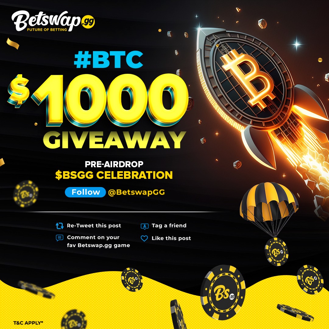 Pre-Airdrop $BSGG Celebration! 

#BTC $1000 giveaway! 🚀

5 will get $200 in #Bitcoin each!

➡️Follow <a href="/BetswapGG/">Betswap.gg</a> 
✅RT
➡️Tag a friend
➡️Comment on your favorite Betswap.gg game
✅Like this post

📢 The 1 Million $BSGG airdrop is just around the corner!

T&amp;Cs 👇