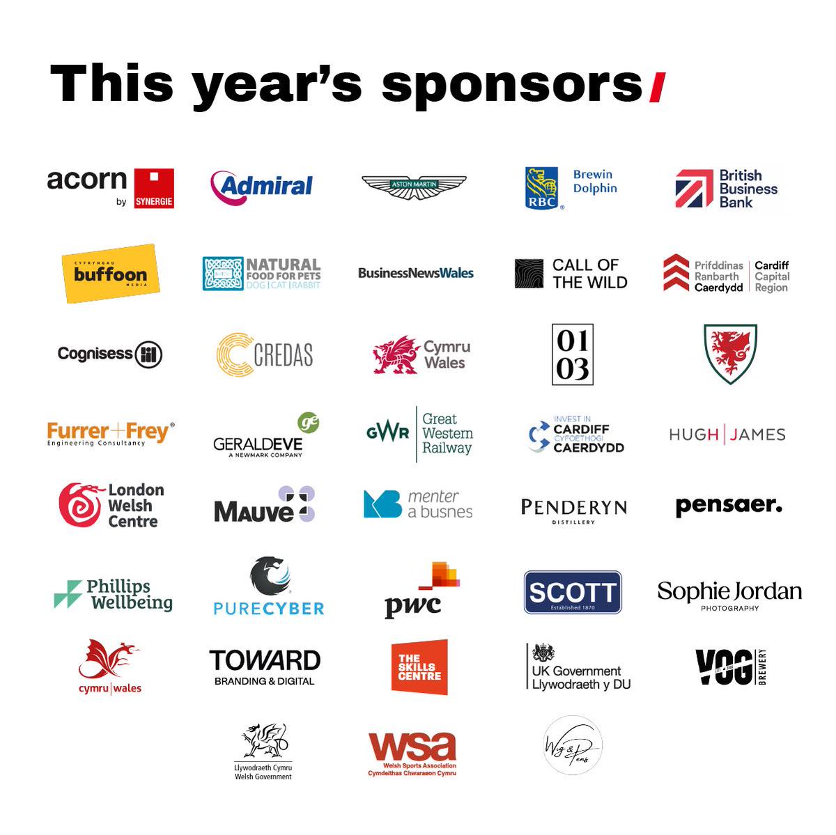 Wales Week / London (@walesweeklondon) on Twitter photo Huge thanks to our incredible partners and sponsors who make #walesweeklondon possible! Learn more about these amazing organisations here bit.ly/335cS25
<a href="/BritishBBank/">British Business Bank</a> <a href="/0103FoM/">First of March</a> <a href="/FAWales/">FA WALES</a> <a href="/FurrerFreyGB/">Furrer + Frey GB</a> @GeraldEveLLP <a href="/GWRHelp/">GWR</a> <a href="/investincardiff/">Invest in Cardiff</a> <a href="/PenderynWhisky/">Penderyn Distillery</a> <a href="/MauveGroup/">Mauve Group</a> Huge thanks to our incredible partners and sponsors who make #walesweeklondon possible! Learn more about these amazing organisations here bit.ly/335cS25
<a href="/BritishBBank/">British Business Bank</a> <a href="/0103FoM/">First of March</a> <a href="/FAWales/">FA WALES</a> <a href="/FurrerFreyGB/">Furrer + Frey GB</a> @GeraldEveLLP <a href="/GWRHelp/">GWR</a> <a href="/investincardiff/">Invest in Cardiff</a> <a href="/PenderynWhisky/">Penderyn Distillery</a> <a href="/MauveGroup/">Mauve Group</a>