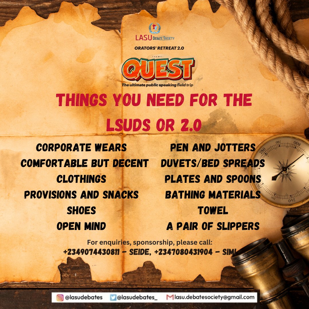 Lasudebates's tweet photo. Quests, here's a list of essential items you'd need as you embark on the ultimate public speaking field trip
Get ready to take your public speaking and leadership skills to the next level ๐๐คฉ.
See you at the LSUDS OR 2.0
#lasudebates https://t.co/hRpcmGDfyp