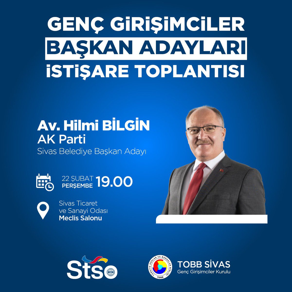 TOBB Sivas Genç Girişimciler Kurulu Olarak Belediye Başkan Adayları İstişare Toplantıları Kapsamında Bu Haftaki Konuğumuz;

Ak Parti Sivas Belediye Başkan Adayı Av.Hilmi Bilgin Olacaktır.

<a href="/TOBBiletisim/">TOBB</a> <a href="/stsokurumsal/">Sivas Ticaret ve Sanayi Odası</a> <a href="/avhilmibilgin/">Hilmi BİLGİN</a>