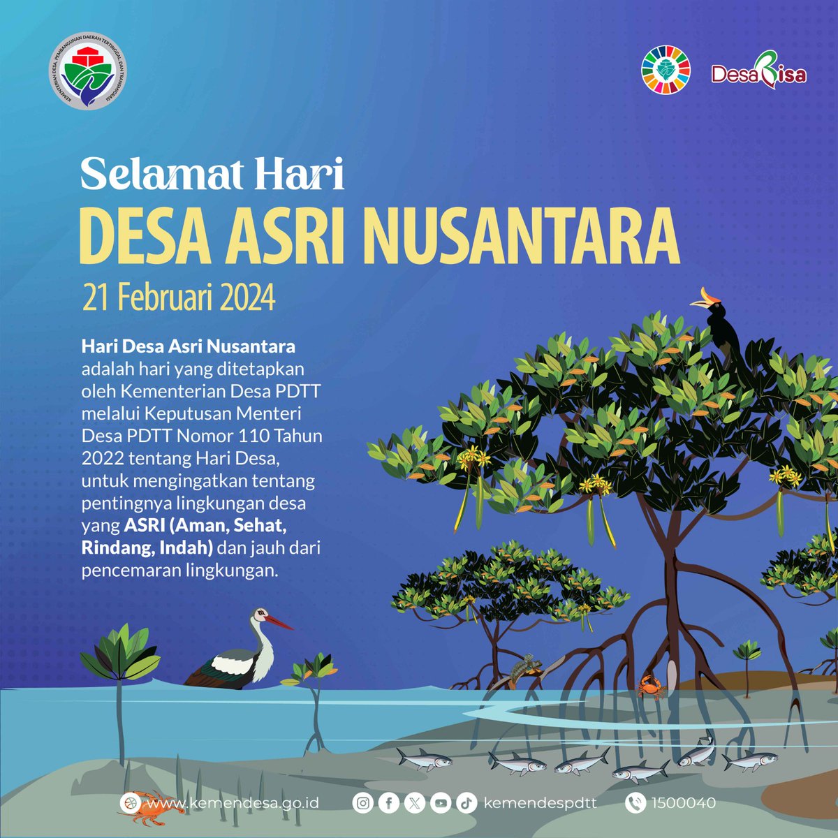 Selamat Hari Desa Asri Nusantara! 
ASRI adalah tekad kita untuk menjadikan desa tempat yang Aman,

Sehat, Rindang, dan Indah, sejalan dengan goals SDGs Desa ke-11, Kawasan Permukiman Desa Aman dan Nyaman.

#KemendesPDTT
#HariDesaAsriNusantara2024