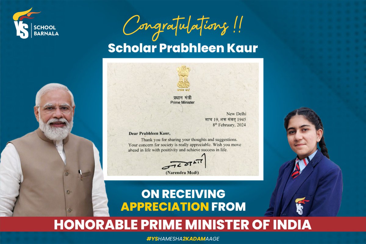 YSGroup3's tweet photo. We are feeling extremely happy while sharing the proud moments of receiving Appreciation Letter by Honourable Prime Minister of India for one of our Scholars of Grade 8 Congratulations Dear Prabhleen Kaur 🥳🥳🥳

#ProudMoments #HappyMoments #WordOfAppreciation #PrimeMinisterofIndia #PMOIndia 
#YoungScholars
#Achievement
#CBSE