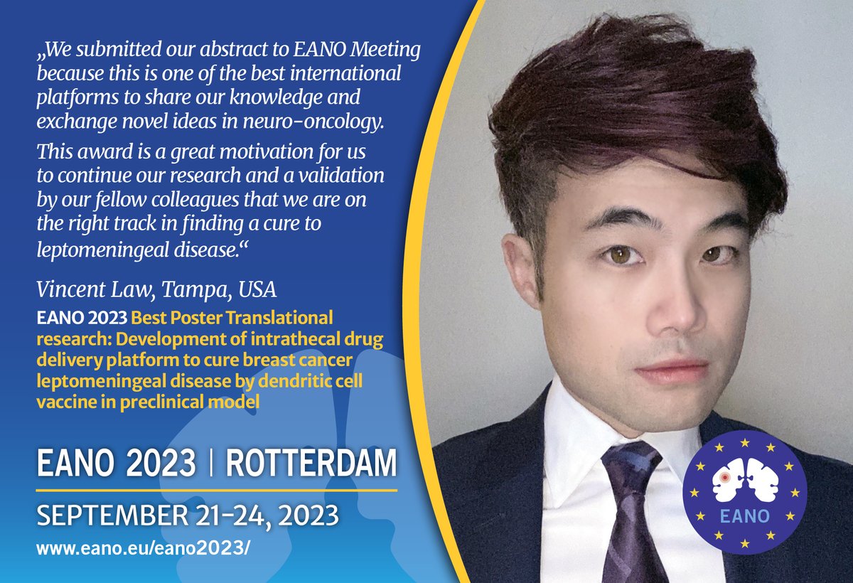 EANOassociation's tweet image. Outstanding research results in a clear presentation: this is what characterises the poster prizes at our annual EANO conferences. Proud to highlight the winner of &quot;Best Poster: Translational research&quot; from #EANO2023: Vincent Law, Tampa, USA. #NeuroOncology #tumorbiology