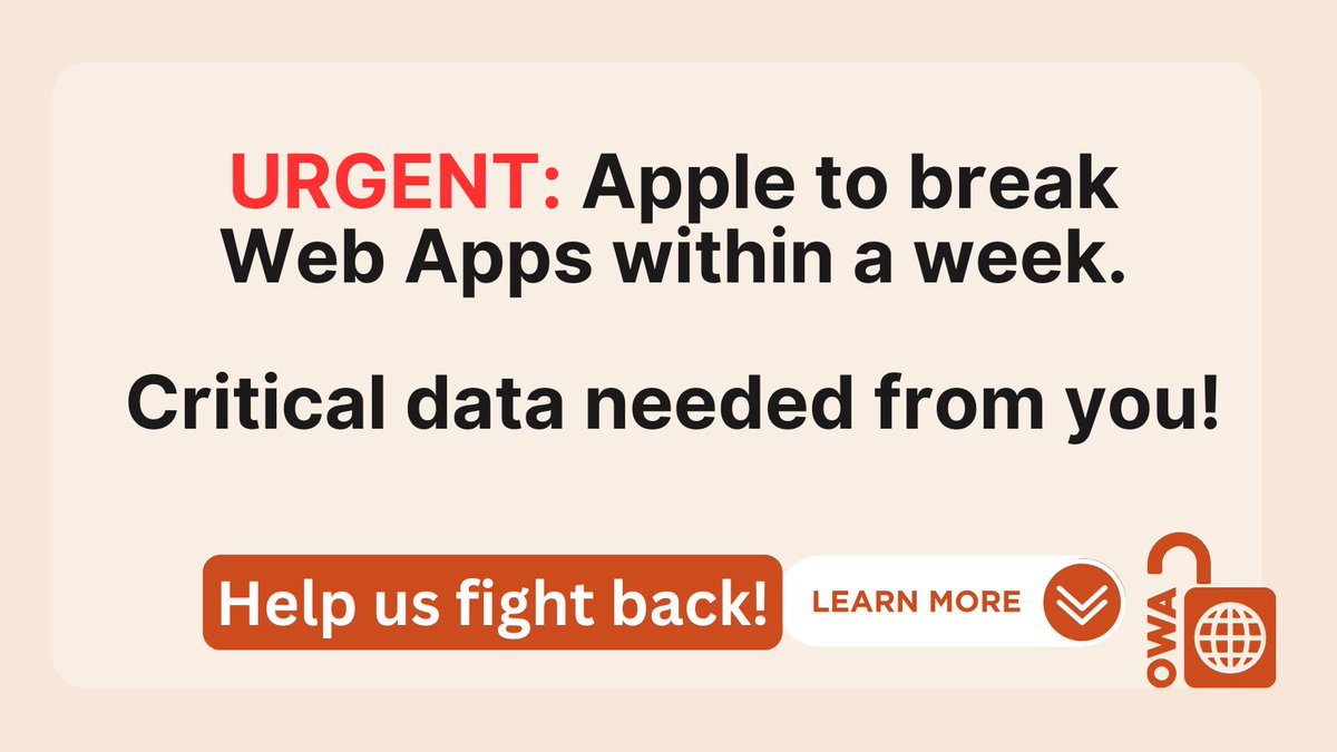 OpenWebAdvocacy's tweet photo. Apple will break Web Apps (PWAs) in the EU within the next week ‼️

In order to stop them, we need evidence from you that the harm they are choosing to inflict on EU businesses and consumers is real and significant.

👇👇 Please fill in our NEW more detailed survey! (below) https://t.co/DXfWu6orIP