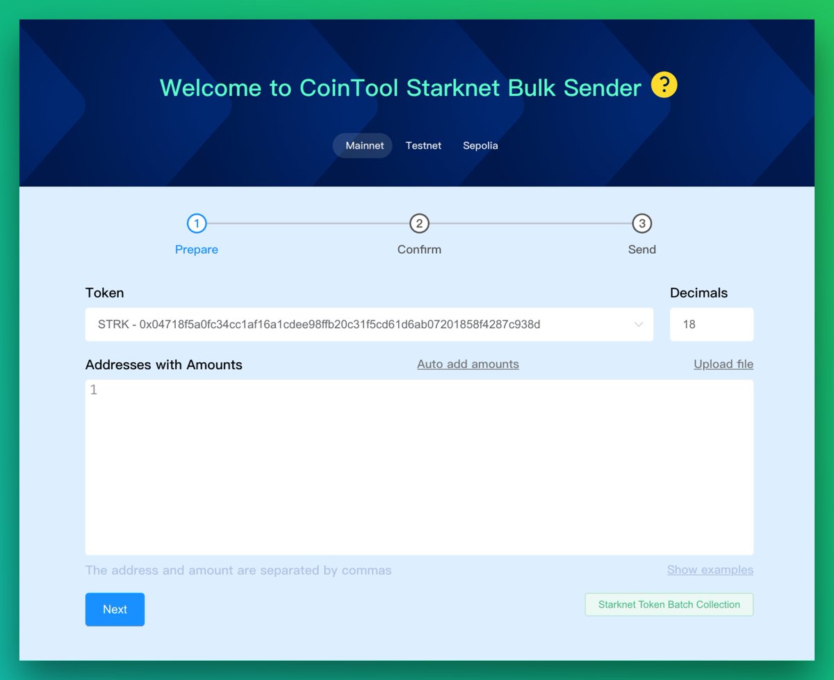 cointool's tweet image. CoinTool - Token MultiSender now supports Starknet

Keep Building ⚒️ 

🔗 cointool.app/multiSender/st…

#Starknet $STRK #MultiSender #BatchSender #STARKNETAIRDROP  #BulkSender