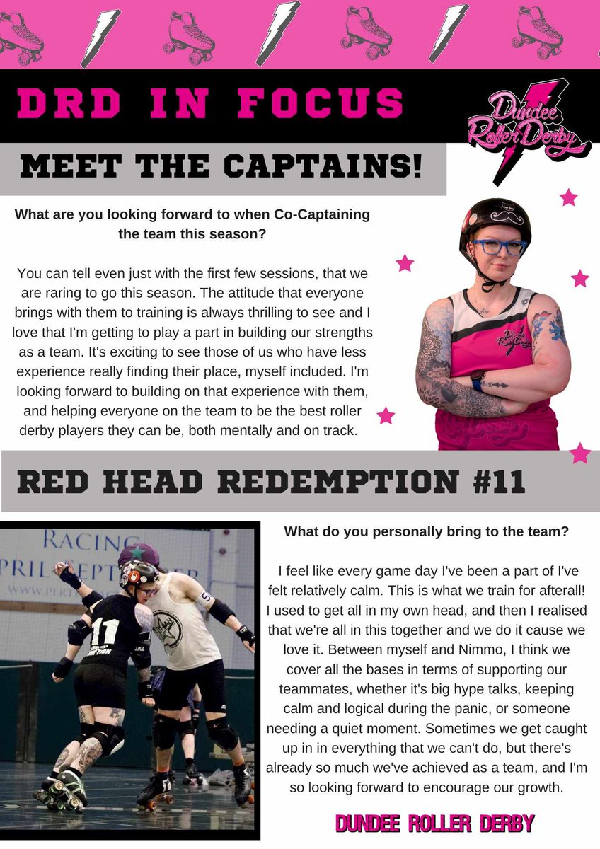 ⚡ 2024 CO-CAPTAINS ANNOUNCEMENT ⚡

Meet Nimmo #42 and Red Head Redemption #11, our DRD co-captains for 2024! 

#dundee #scottishsports #WeAreTheDRD